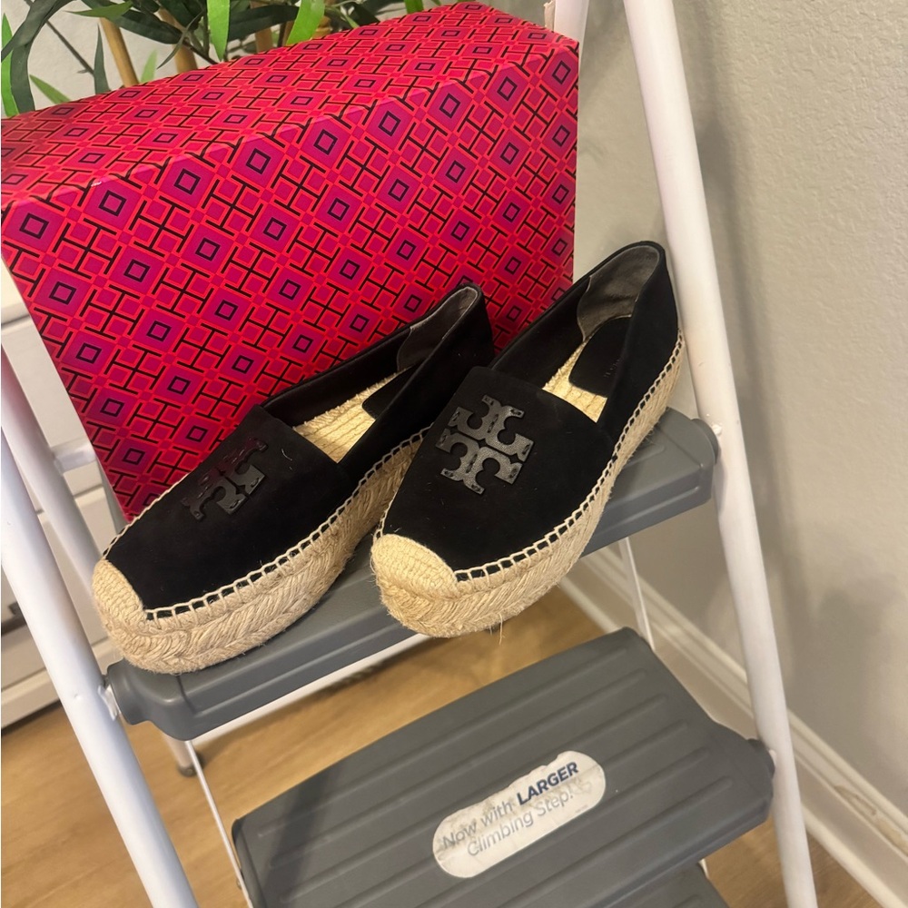 Tory Burch Black Suede Espadrille Slip-Ons with Jute Platform